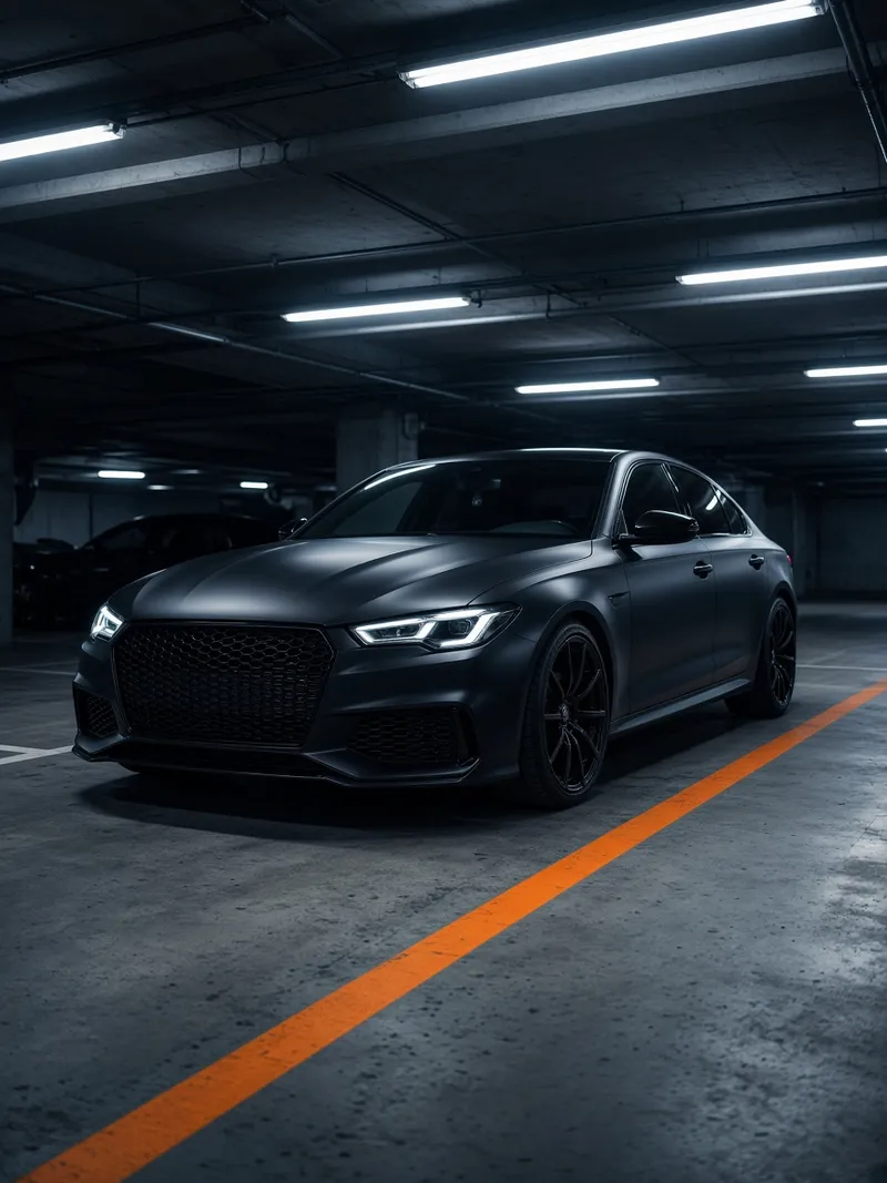 Berlina grafite in un garage sotterraneo con illuminazione industriale