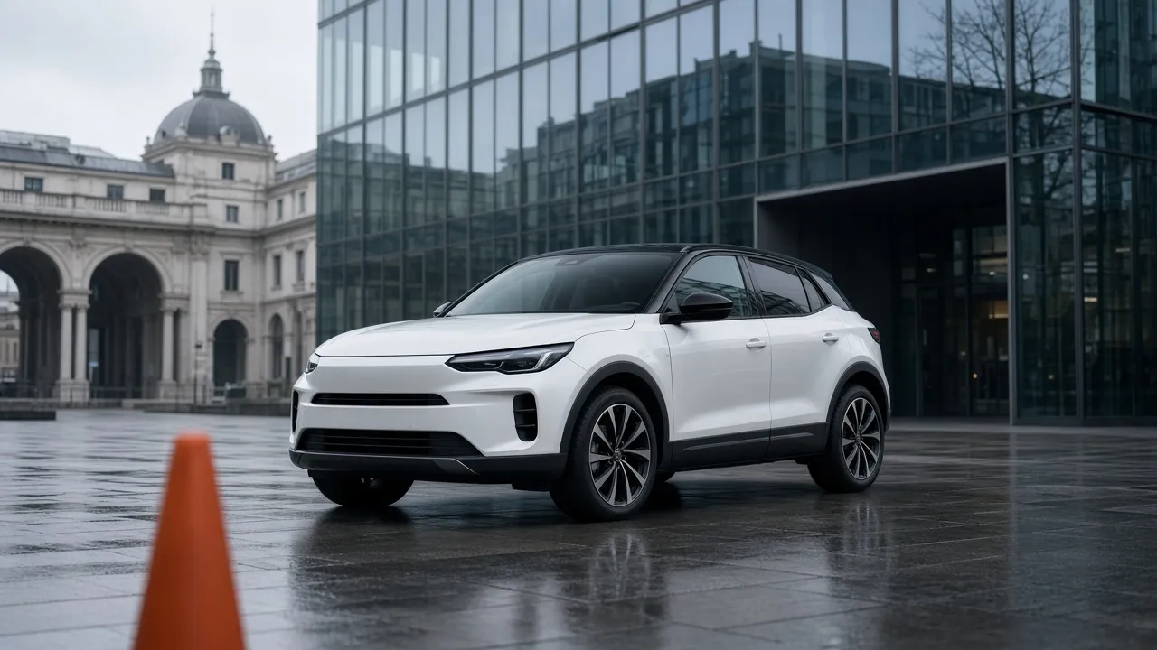 SUV bianco davanti a un edificio moderno su pavimentazione bagnata