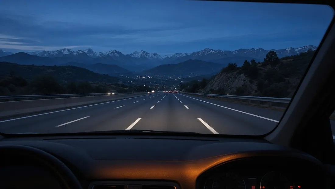 Vista dal parabrezza su un'autostrada italiana al crepuscolo