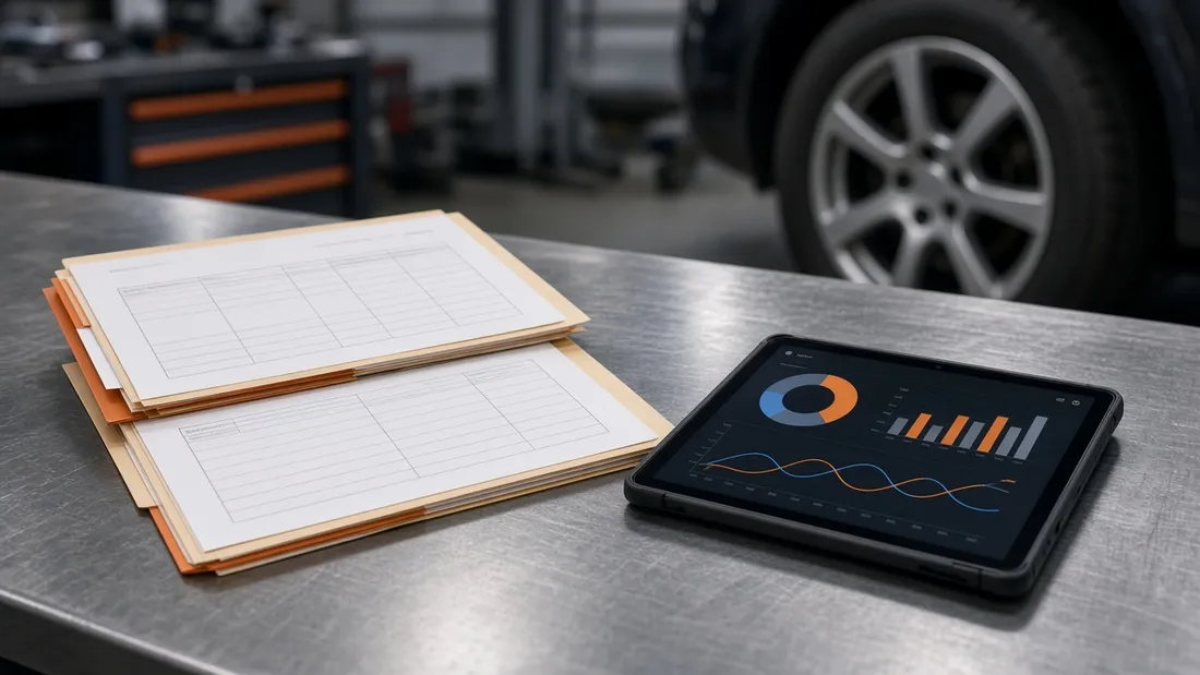 Documenti e tablet su un banco da lavoro accanto a una ruota