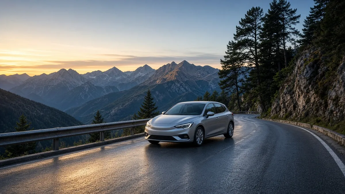 Hatchback argento su un passo di montagna italiano